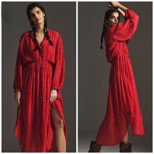 NWT Anthropologie Red Gold Shimmer Button Front Dress
